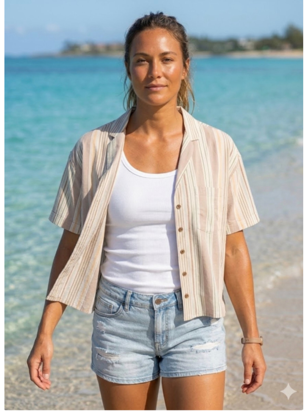 Women's prAna Iguala Cropped Button Down Camp Shirt size Large Pink Beige Boxy